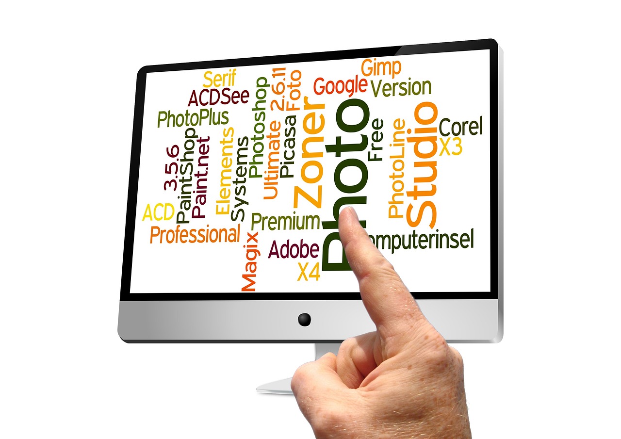 monitor, words, hand, finger, contact, touch screen, screen, image editing, image editing programs, programs, software, gimp, photoshop, corel, acd see, google, magix, image editing, software, software, software, software, software, google