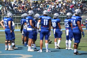 Team in blue uniforms huddled on a sunny day during an American football game